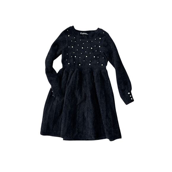 Rare Editions Girls Black Fuzzy Dress with Pearls - Size 6 - Picture 1 of 2
